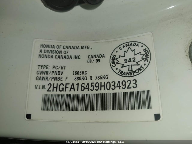 Aukcja sprzedaży 2009 Honda Civic Dx-g, vin: 2HGFA16459H034923, numer aukcji: 12704414