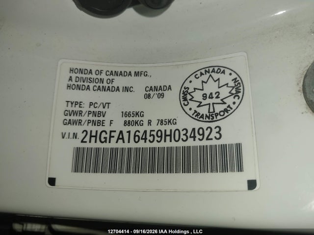 Aukcja sprzedaży 2009 Honda Civic Dx-g, vin: 2HGFA16459H034923, numer aukcji: 12704414