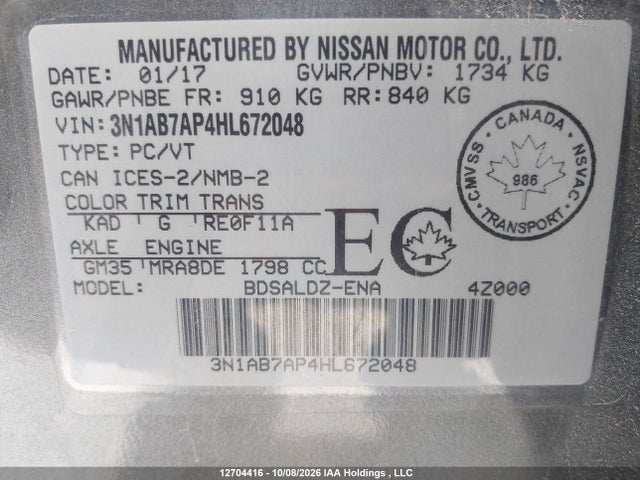 Aukcja sprzedaży 2017 Nissan Sentra S/sv/sr/sl, vin: 3N1AB7AP4HL672048, numer aukcji: 12704416
