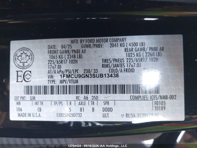 12704424 :رقم المزاد ، 1FMCU9GN3SUB13438 vin ، 2025 Ford Escape Active مزاد بيع