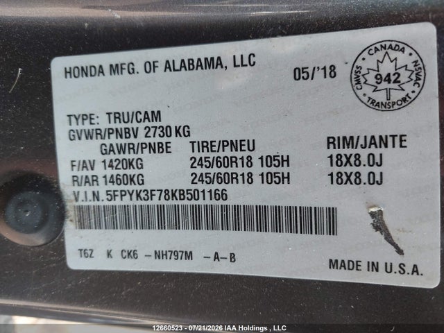 Honda Ridgeline Touring 2019 5FPYK3F78KB501166 Image 20