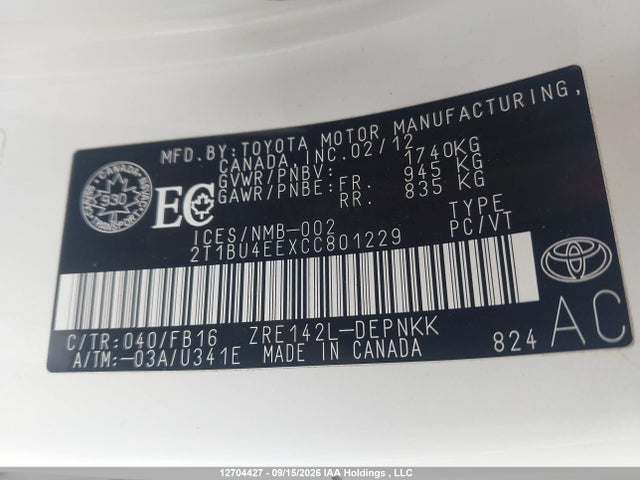 Aukcja sprzedaży 2012 Toyota Corolla S/le, vin: 2T1BU4EEXCC801229, numer aukcji: 12704427