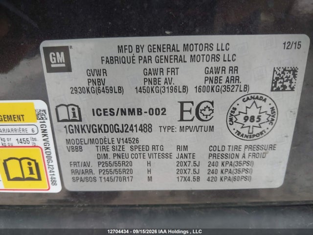 Chevrolet Traverse Lt 2016 1GNKVGKD0GJ241488 Image 18