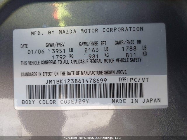 Aukcja sprzedaży 2006 Mazda 3 S, vin: JM1BK123861478699, numer aukcji: 12704450