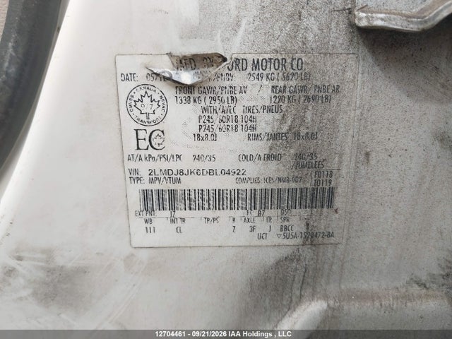12704461 :رقم المزاد ، 2LMDJ8JK6DBL04922 vin ، 2013 Lincoln Mkx مزاد بيع
