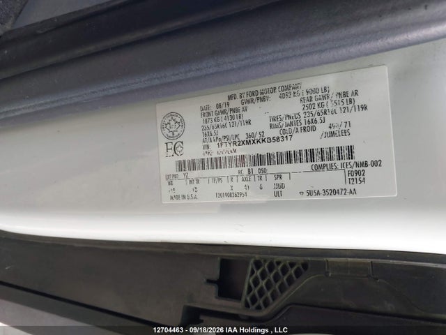 2019 Ford Transit T-250 მანქანა იყიდება აუქციონზე, vin: 1FTYR2XMXKKB58317, აუქციონის ნომერი: 12704463
