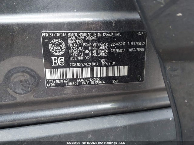 12704464 :رقم المزاد ، 2T3B1RFV7MC243014 vin ، 2021 Toyota Rav4 Le مزاد بيع