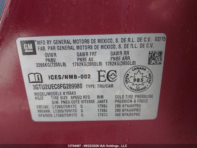 12704467 :رقم المزاد ، 3GTU2UEC8FG289980 vin ، 2015 Gmc Sierra 1500 Sle مزاد بيع