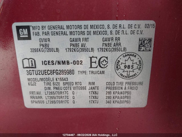 12704467 :رقم المزاد ، 3GTU2UEC8FG289980 vin ، 2015 Gmc Sierra 1500 Sle مزاد بيع