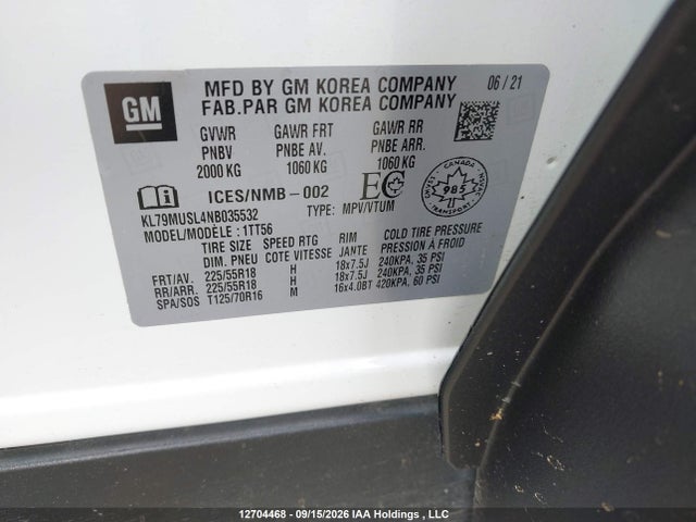 2022 Chevrolet Trailblazer Rs მანქანა იყიდება აუქციონზე, vin: KL79MUSL4NB035532, აუქციონის ნომერი: 12704468