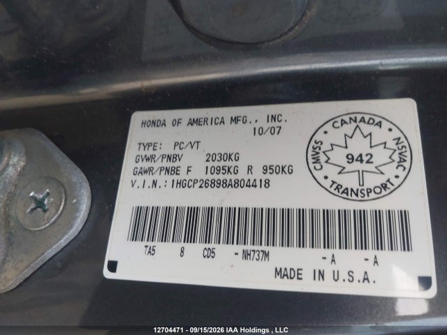 Продаж на аукціоні авто 2008 Honda Accord Exl, vin: 1HGCP26898A804418, номер лоту: 12704471