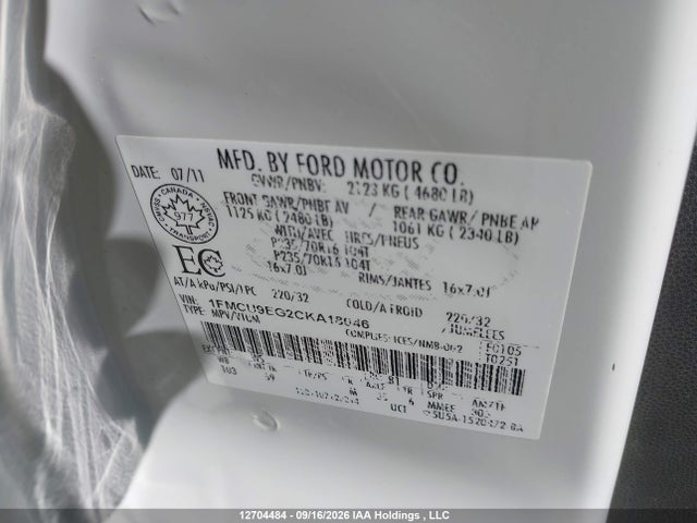 2012 Ford Escape Limited მანქანა იყიდება აუქციონზე, vin: 1FMCU9EG2CKA18046, აუქციონის ნომერი: 12704484