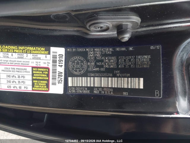 2012 Toyota Sienna Le მანქანა იყიდება აუქციონზე, vin: 5TDKK3DC5CS255706, აუქციონის ნომერი: 12704492