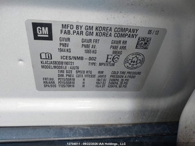 2013 Buick Encore მანქანა იყიდება აუქციონზე, vin: KL4CJASB3DB190721, აუქციონის ნომერი: 12704511