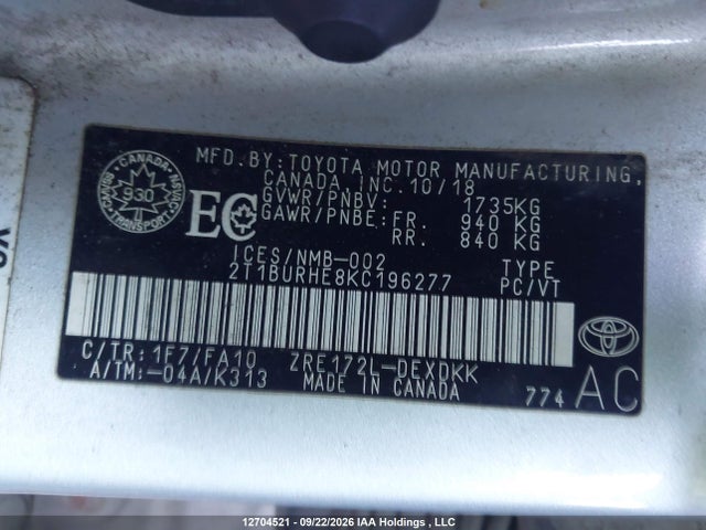 Toyota COROLLA CE 2019 2T1BURHE8KC196277 Image 9