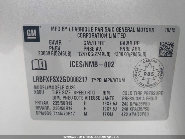 Aukcja sprzedaży 2016 Buick Envision Premium, vin: LRBFXFSX2GD008217, numer aukcji: 12704526