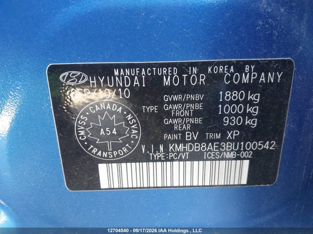 Aukcja sprzedaży 2011 Hyundai Elantra Touring Gl, vin: KMHDB8AE3BU100542, numer aukcji: 12704540