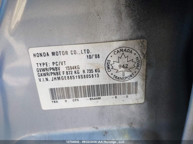 2009 Honda Fit მანქანა იყიდება აუქციონზე, vin: JHMGE88519S805813, აუქციონის ნომერი: 12704542