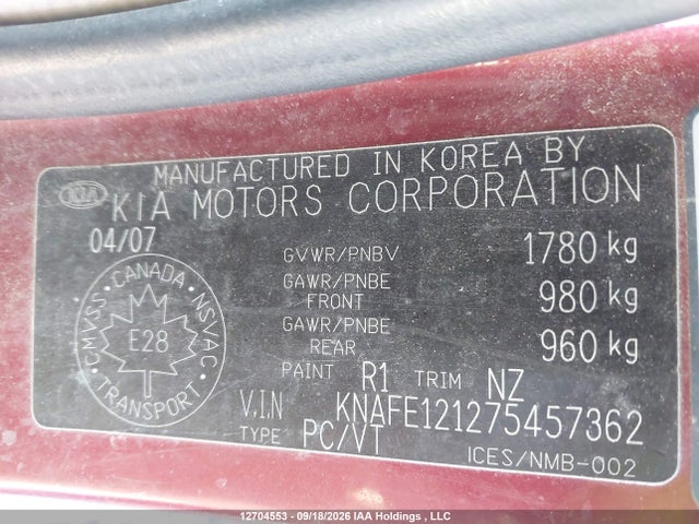 12704553 :رقم المزاد ، KNAFE121275457362 vin ، 2007 Kia Spectra Lx/lx Convenience/lx Premium مزاد بيع