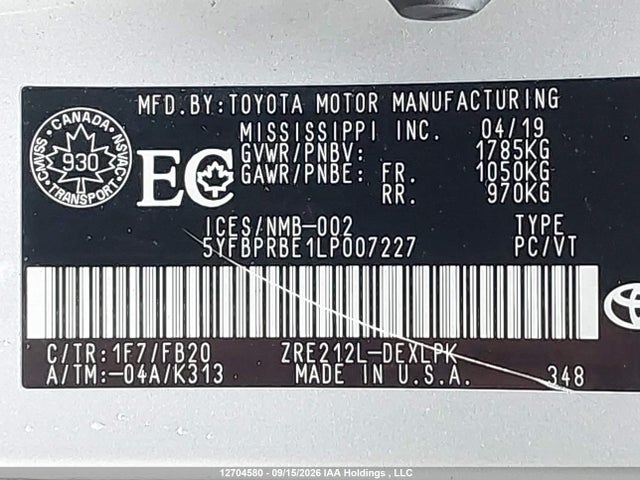 5YFBPRBE1LP007227 Toyota COROLLA LE