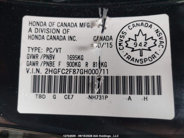 Honda CIVIC EX 2016 2HGFC2F87GH000711 Image 9