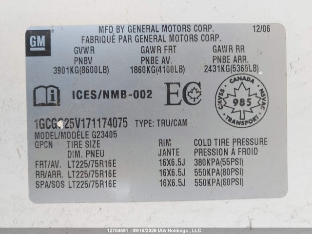 2007 Chevrolet Express Standard მანქანა იყიდება აუქციონზე, vin: 1GCGG25V171174075, აუქციონის ნომერი: 12704591