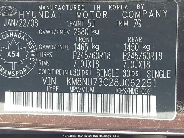 Aukcja sprzedaży 2008 Hyundai Veracruz Gls/se/limited, vin: KM8NU73C28U062251, numer aukcji: 12704594