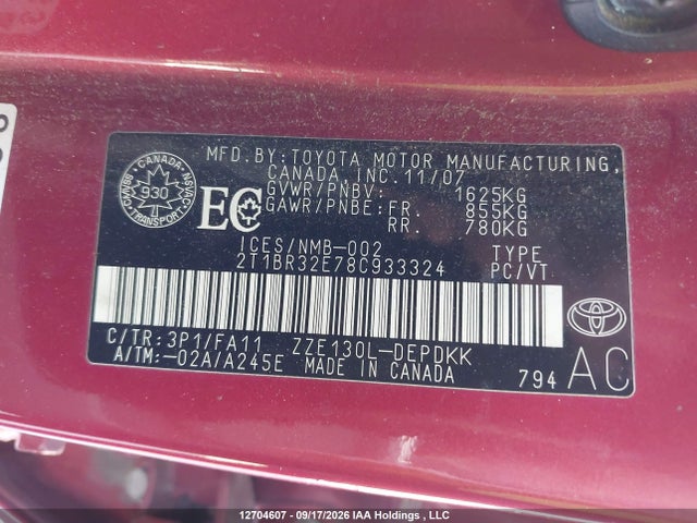 Продаж на аукціоні авто 2008 Toyota Corolla Ce/le/s, vin: 2T1BR32E78C933324, номер лоту: 12704607