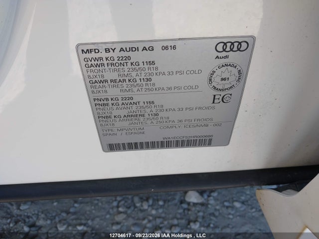 Auction sale of the 2017 Audi Q3 Premium, vin: WA1ECCFS2HR000686, lot number: 12704617