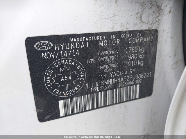 Aukcja sprzedaży 2015 Hyundai Elantra Se/sport/limited, vin: KMHDH4AE2FU386221, numer aukcji: 12704618