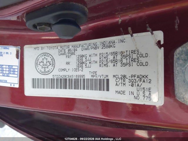 Aukcja sprzedaży 2004 Toyota Sienna Ce, vin: 5TDZA29C64S189995, numer aukcji: 12704626