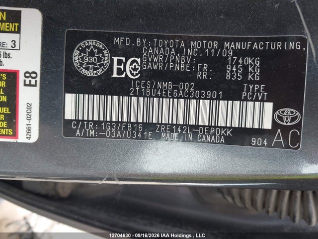 12704630 :رقم المزاد ، 2T1BU4EE6AC303901 vin ، 2010 Toyota Corolla S/le/xle مزاد بيع