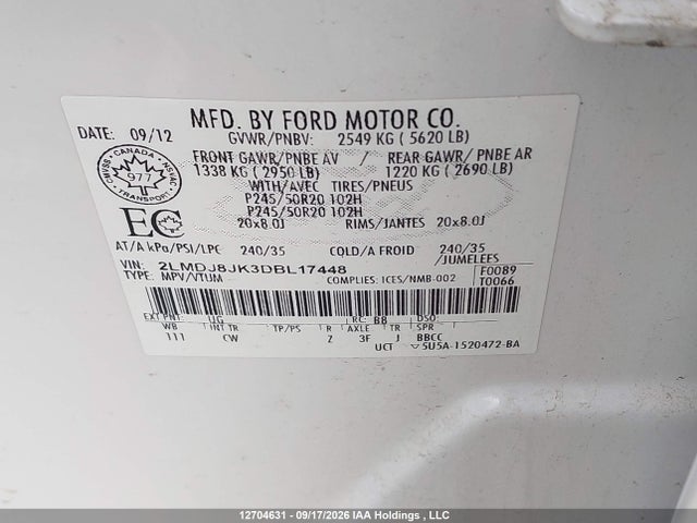 Aukcja sprzedaży 2013 Lincoln Mkx, vin: 2LMDJ8JK3DBL17448, numer aukcji: 12704631
