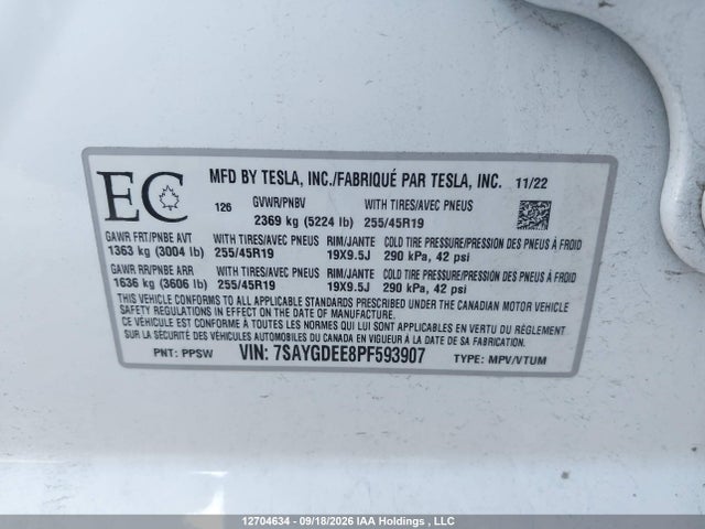 12704634 :رقم المزاد ، 7SAYGDEE8PF593907 vin ، 2023 Tesla Model Y Long Range مزاد بيع