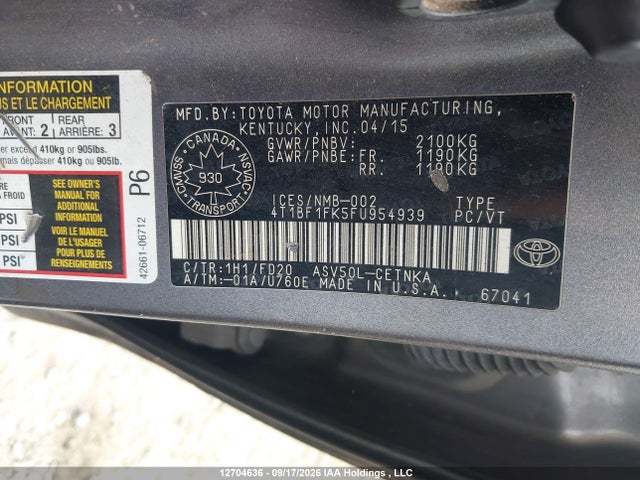Aukcja sprzedaży 2015 Toyota Camry Le, vin: 4T1BF1FK5FU954939, numer aukcji: 12704636
