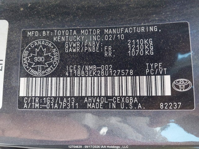 2011 Toyota Camry Hybrid მანქანა იყიდება აუქციონზე, vin: 4T1BB3EK2BU127578, აუქციონის ნომერი: 12704639