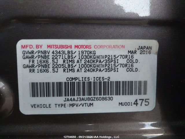 Продаж на аукціоні авто 2016 Mitsubishi Rvr Se, vin: JA4AJ3AU8GZ608630, номер лоту: 12704650