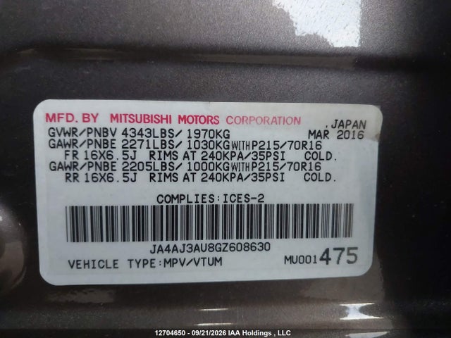 Продаж на аукціоні авто 2016 Mitsubishi Rvr Se, vin: JA4AJ3AU8GZ608630, номер лоту: 12704650