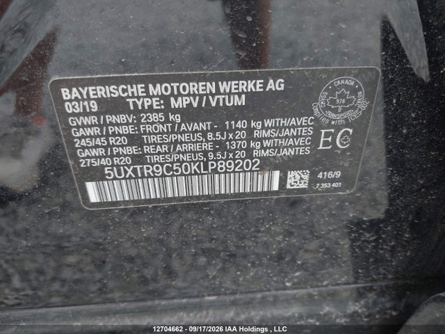 12704662 :رقم المزاد ، 5UXTR9C50KLP89202 vin ، 2019 Bmw X3 Xdrive30i مزاد بيع