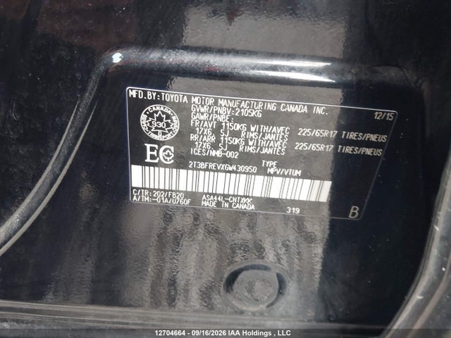 Aukcja sprzedaży 2016 Toyota Rav4 Le, vin: 2T3BFREVXGW430950, numer aukcji: 12704664