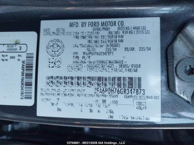 Ford Fusion 2016 3FA6P0H76GR347873 Image 9