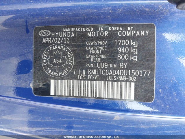 12704683 :رقم المزاد ، KMHTC6AD4DU150177 vin ، 2013 Hyundai Veloster مزاد بيع