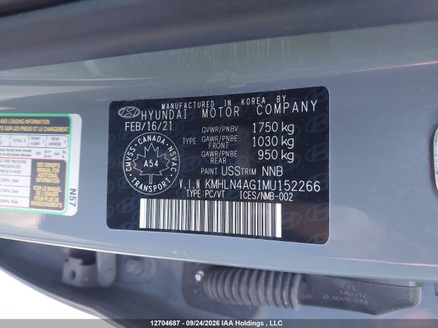 12704687 :رقم المزاد ، KMHLN4AG1MU152266 vin ، 2021 Hyundai Elantra Ultimate Ivt With Tech Package مزاد بيع
