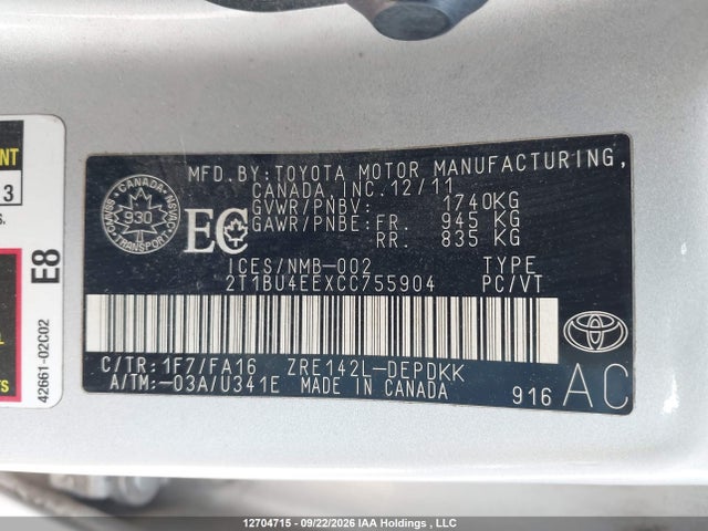 12704715 :رقم المزاد ، 2T1BU4EEXCC755904 vin ، 2012 Toyota Corolla Ce مزاد بيع