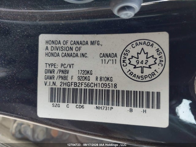 Aukcja sprzedaży 2012 Honda Civic Lx, vin: 2HGFB2F56CH109518, numer aukcji: 12704723