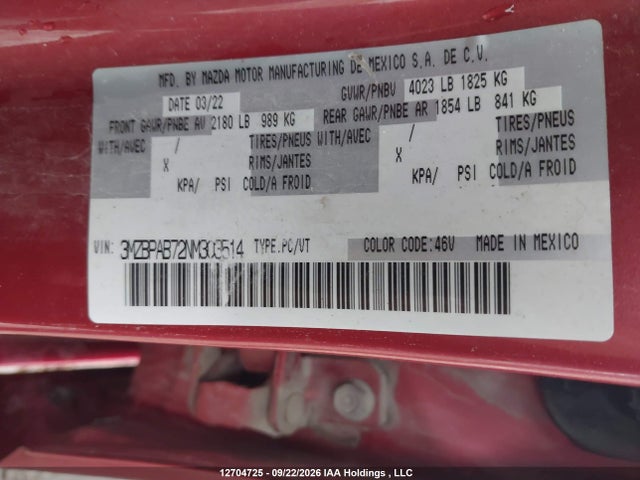 Aukcja sprzedaży 2022 Mazda 3 Select, vin: 3MZBPAB72NM303514, numer aukcji: 12704725