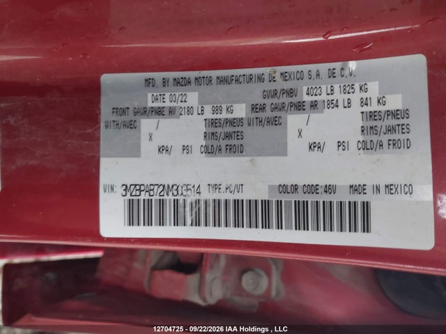 Aukcja sprzedaży 2022 Mazda 3 Select, vin: 3MZBPAB72NM303514, numer aukcji: 12704725