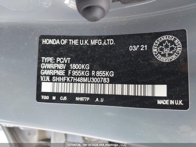 Продаж на аукціоні авто 2021 Honda Civic Sport, vin: SHHFK7H48MU300783, номер лоту: 12704726