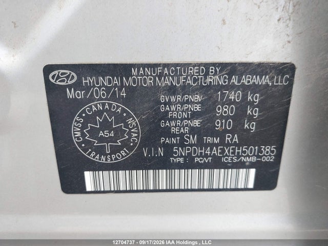 12704737 :رقم المزاد ، 5NPDH4AEXEH501385 vin ، 2014 Hyundai Elantra Gls مزاد بيع