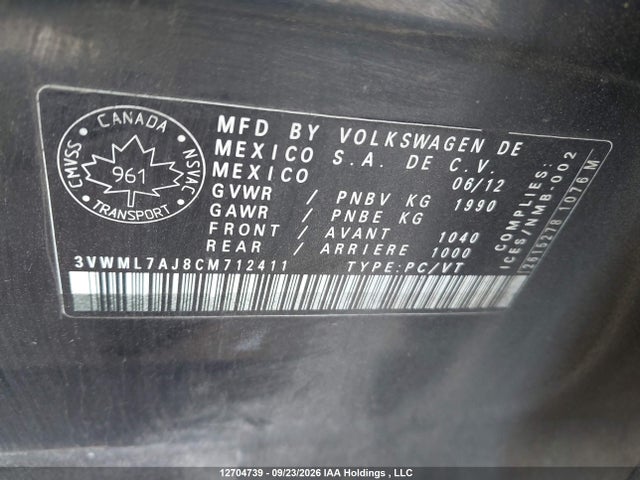 Aukcja sprzedaży 2012 Volkswagen Golf 2.0 Tdi Comfortline/2.0 Tdi Highline, vin: 3VWML7AJ8CM712411, numer aukcji: 12704739